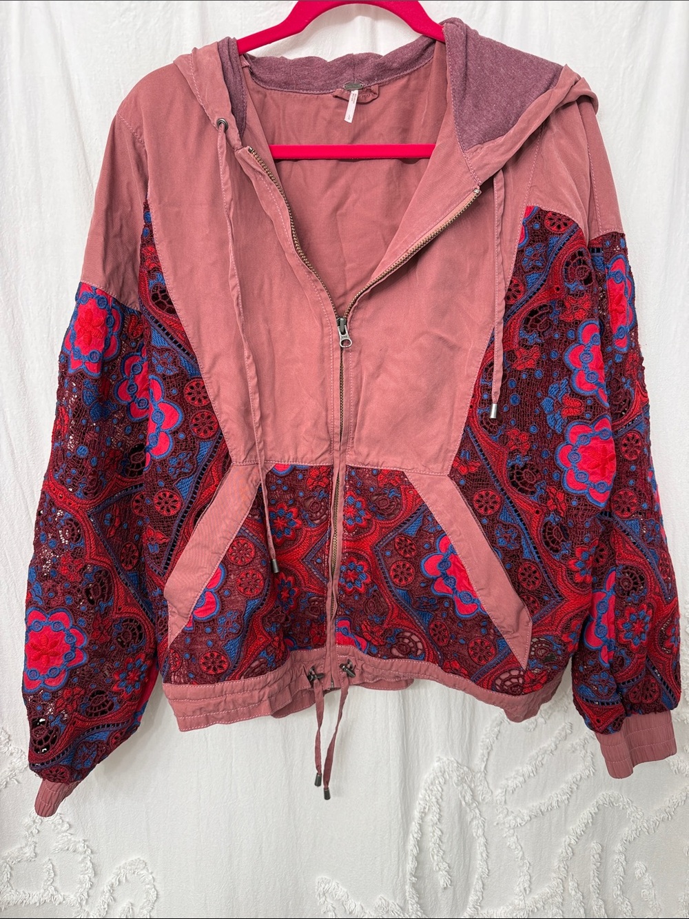 Free People Rose Pink Zip Hoodie with Red & Blue Paisley Panels